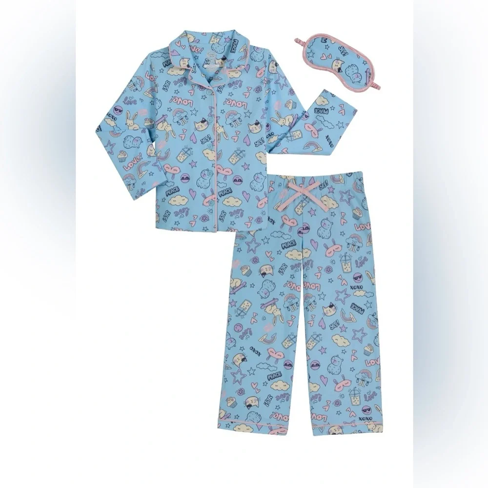 Wonder Nation Girls 3-Piece Pajama Set w/ Sleep Mask Size M 7-8 NWT